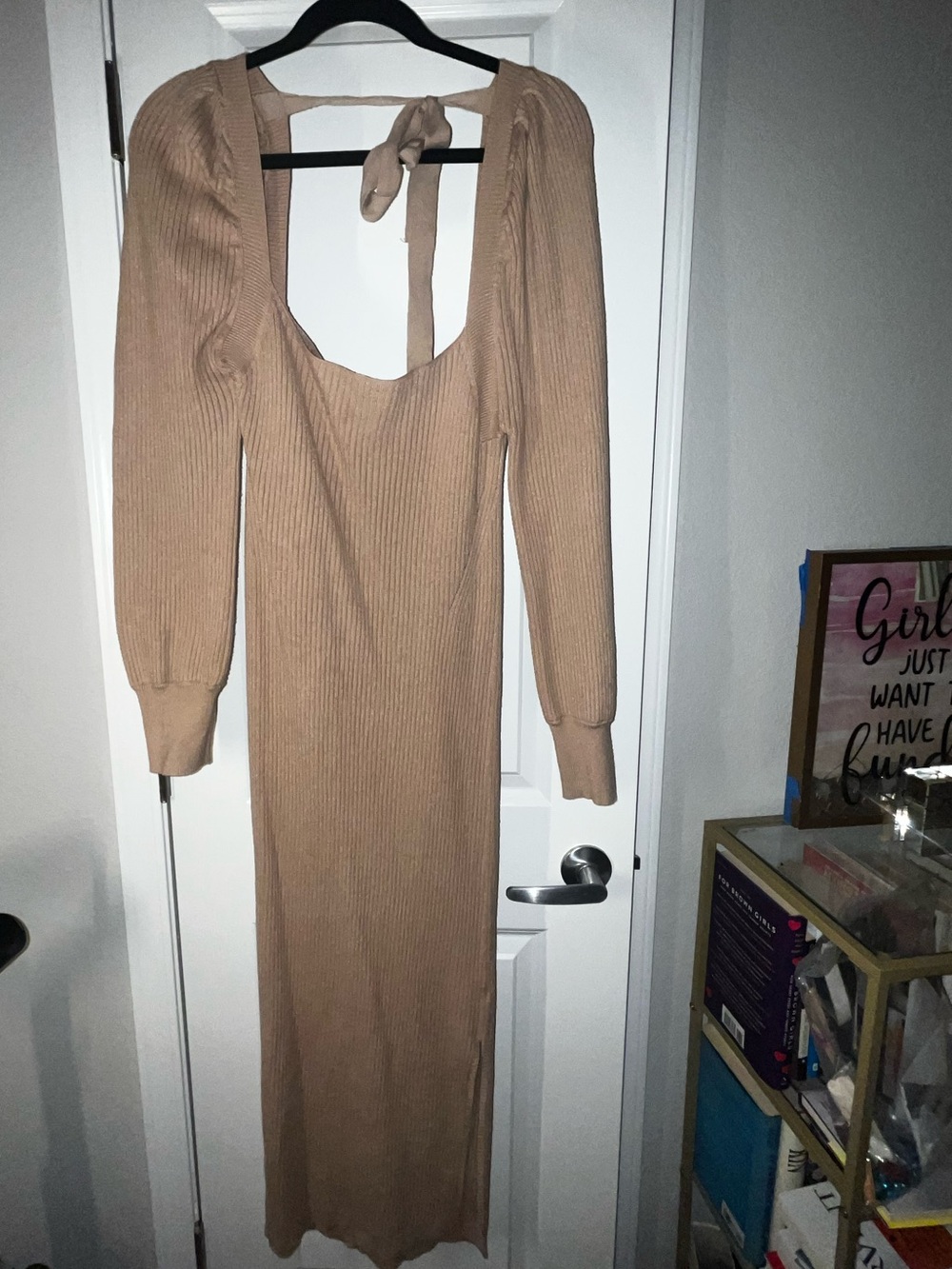 Charles Henry Tan Ribbed Scoop-Back Long Sleeve Dress